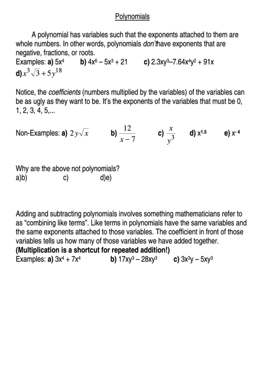 Polynomials Worksheet printable pdf download