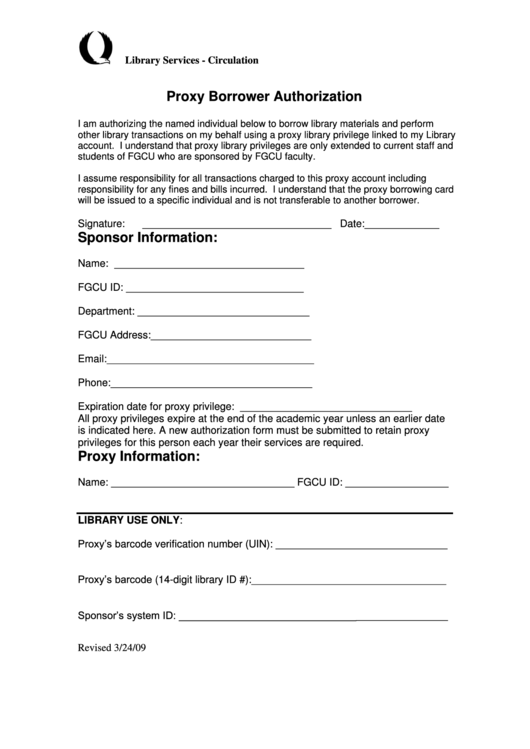 Circulation Proxy Borrower Authorization Printable pdf