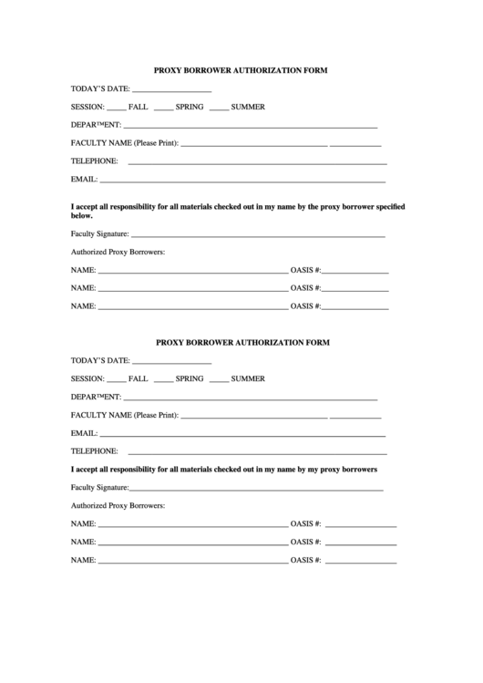 Proxy Borrower Authorization Form Printable pdf