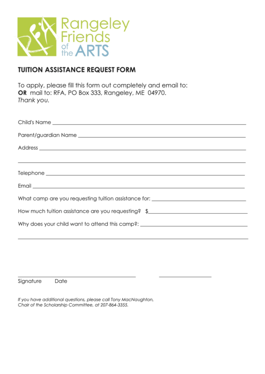 Tuition Assistance Form - Rangeley Friends Of The Arts Printable pdf