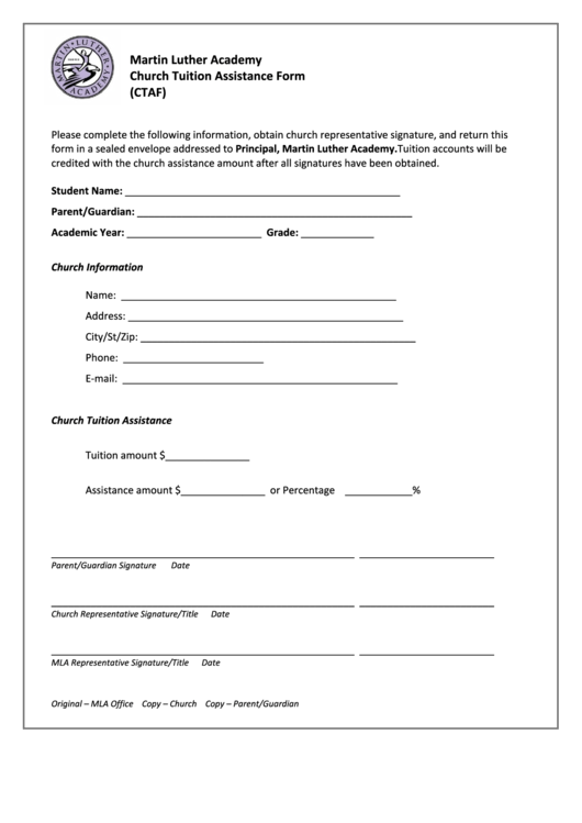 Martin Luther Academy Church Tuition Assistance Form (Ctaf) Printable pdf