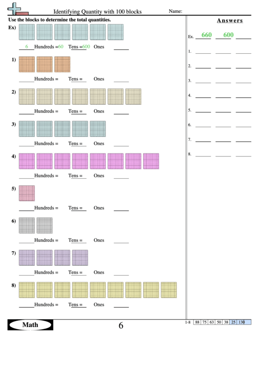 Identifying Quantity With 100 Blocks Printable pdf