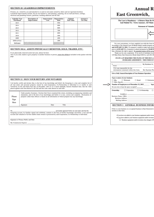 Annual Return To East Greenwich Form - R.i. Town Assessor Printable pdf