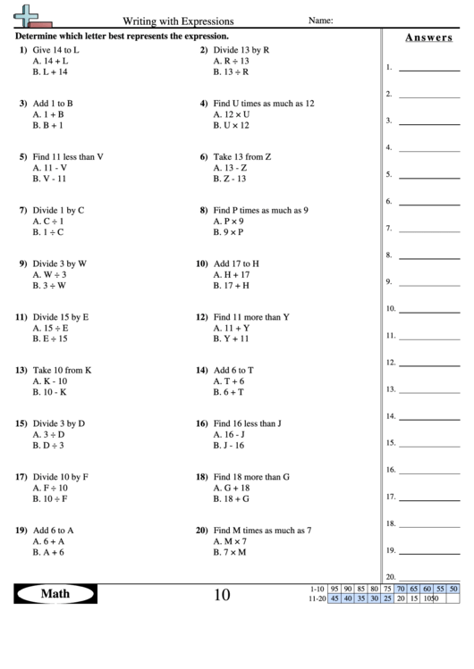 Writing With Expressions Worksheet With Answer Key
