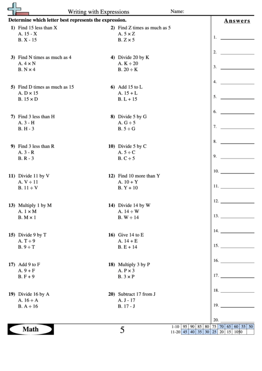 Writing With Expressions Worksheet With Answer Key Printable pdf
