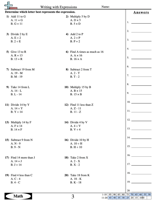Writing With Expressions Worksheet With Answer Key Printable pdf