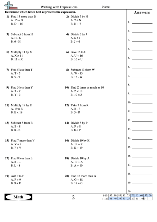 Writing With Expressions Worksheet With Answer Key printable pdf download
