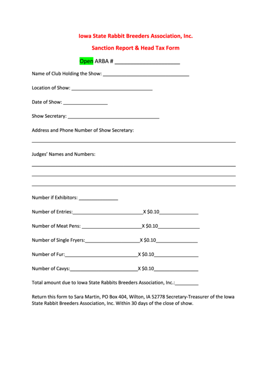 Iowa State Rabbit Breeders Association Sanction Report & Head Tax Form Printable pdf