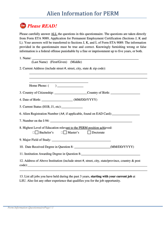 Fillable Form Eta 9089, Application For Permanent Employment Certification Printable pdf