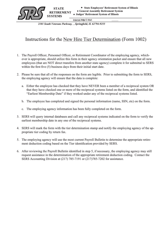 Instructions For The New Hire Tier Determination (Form 1002) Printable pdf