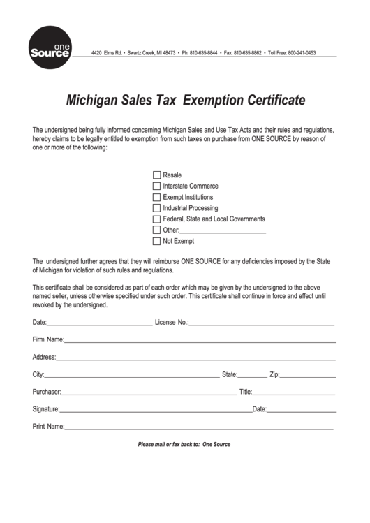 Michigan Sales Tax Exemption Certificate printable pdf download