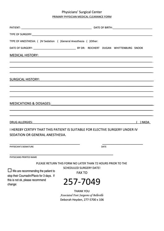 Primary Physician Medical Clearance Form