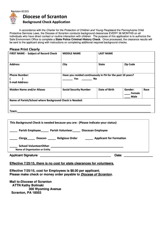 Background Check Application - Diocese Of Scranton, Pa Printable pdf