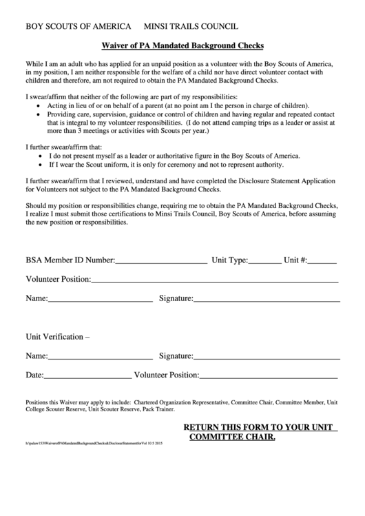 Waiver Of Pa Mandated Background Checks - Boy Scouts Of America, Minsi Trails Council Printable pdf