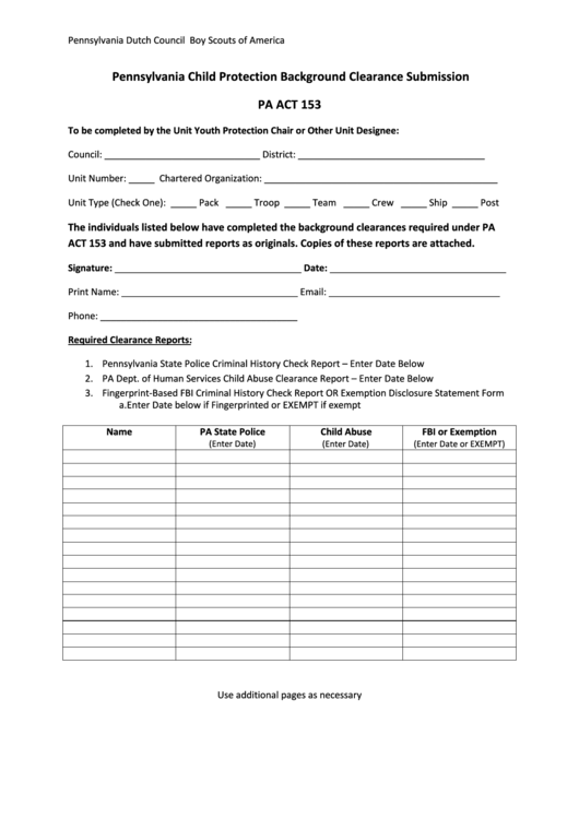 Pennsylvania Child Protection Background Clearance Submission - Pennsylvania Dutch Council, Boy Scouts Of America Printable pdf
