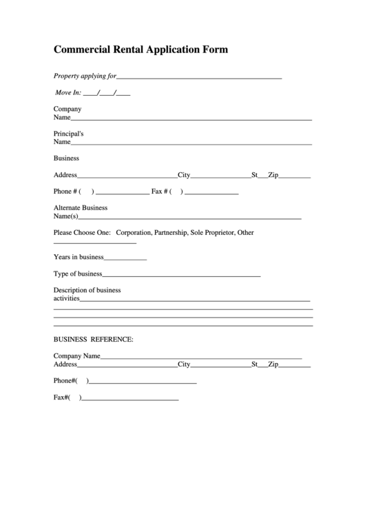 Commercial Rental Application Form Printable pdf