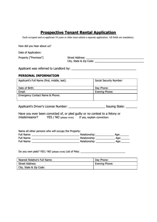 Prospective Tenant Rental Application Printable pdf