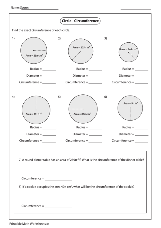 Circle - Circumference Worksheet Printable pdf