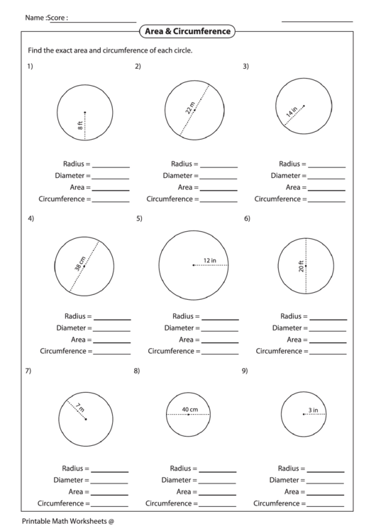 Area & Circumference Worksheet Printable pdf