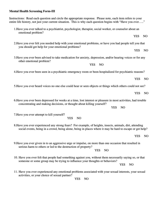 Mental Health Screening Form-Iii Printable pdf