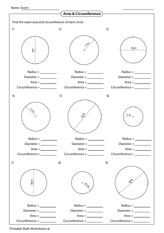 Area & Circumference Worksheet Printable pdf