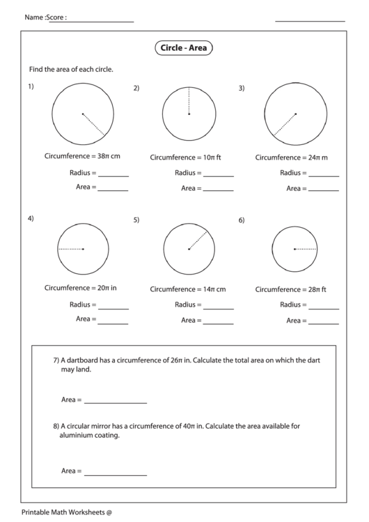 Circle - Area Worksheet Printable pdf