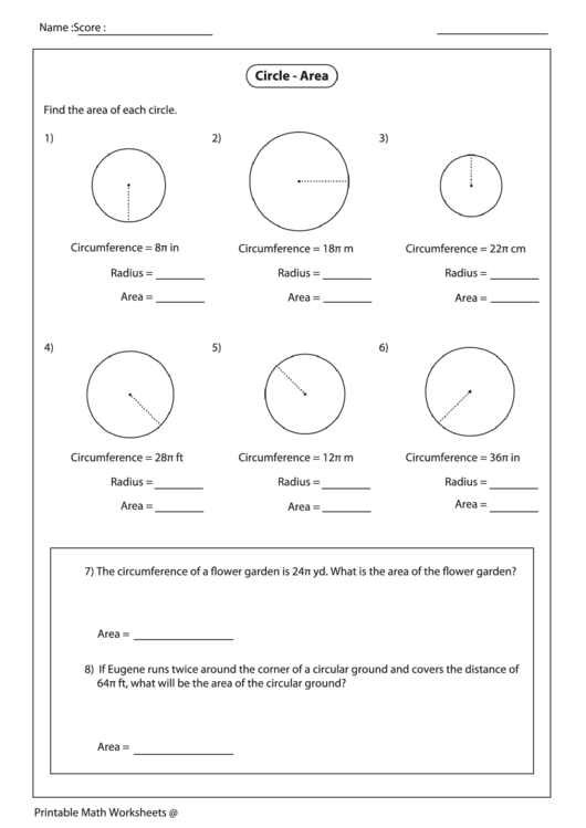 Circle - Area Worksheet Printable pdf