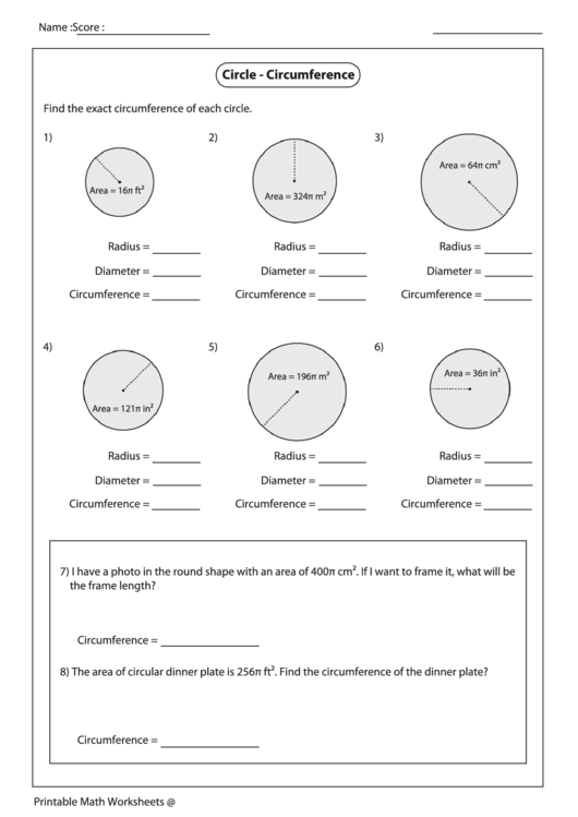 Circle - Circumference Worksheet Printable pdf