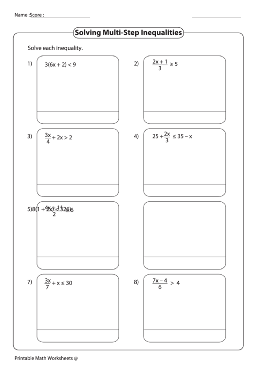 Solving Multi-Step Inequalities Worksheet Printable pdf
