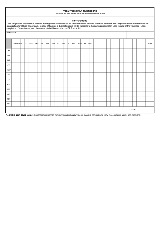 Fillable Da Form 4713 - Volunteer Daily Time Record Spreadsheet Printable pdf