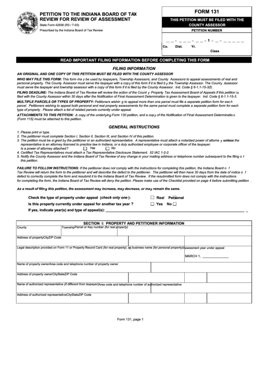 Fillable Form 131 - Petition To The Indiana Board Of Tax Review For Review Of Assessment Printable pdf