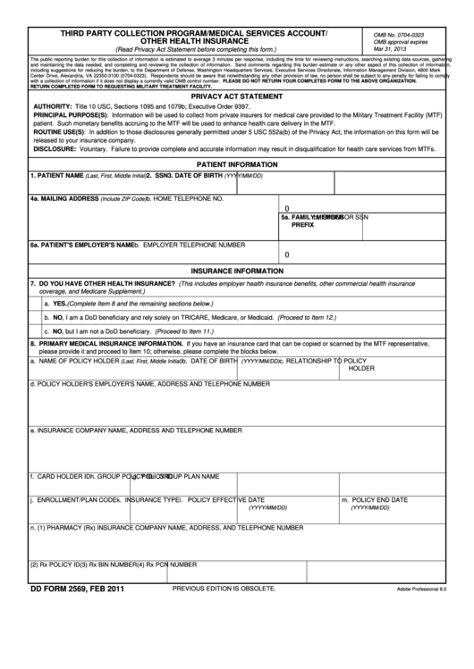 Fillable Dd Form 2569 - Third Party Collection Program/medical Services Account/ Other Health Insurance Patient Information Printable pdf