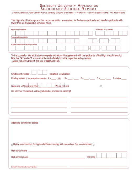 Salisbury University Application Secondary School Report Printable pdf