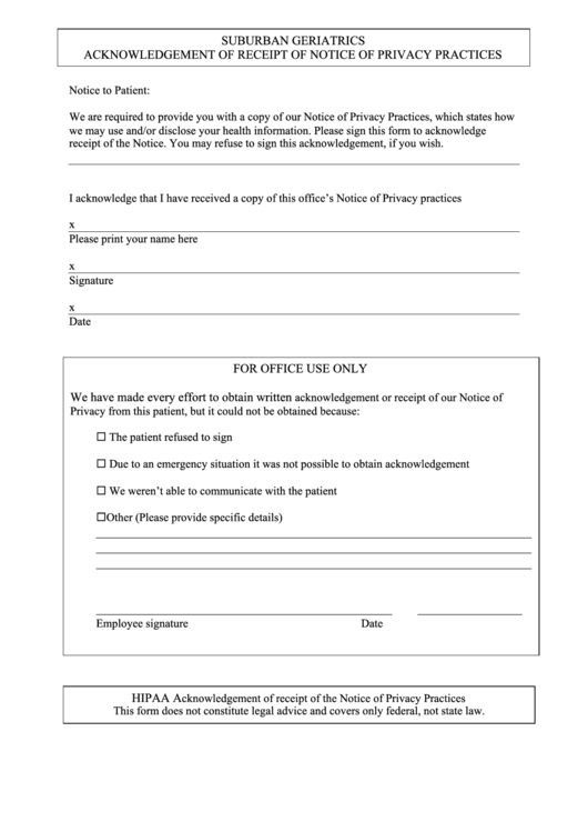 Suburban Geriatrics Acknowledgement Form Of Receipt Of Notice Of Privacy Practices Printable pdf