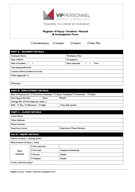 Vip Personnel Register Of Injury / Incident / Hazard & Investigation Form Printable pdf