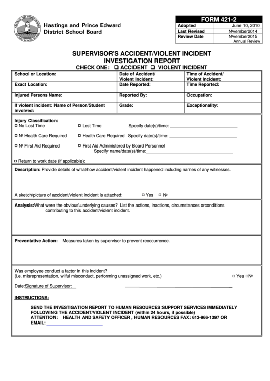 Hastings And Prince Edward School Supervisor's Accident/violent Incident Investigation Report
