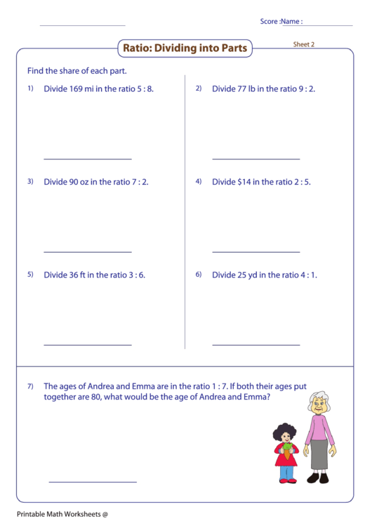 Ratio: Dividing Into Parts Worksheet Printable pdf