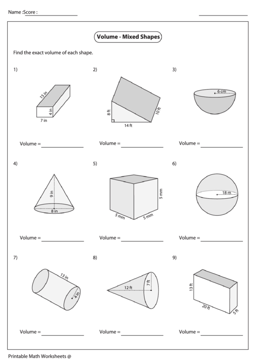 Volume - Mixed Shapes Worksheet Printable pdf