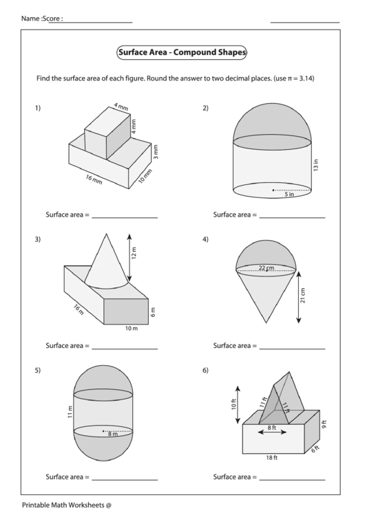 Surface Area Compound Shapes Worksheet Printable Pdf Download