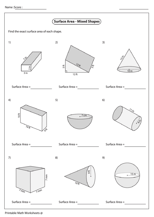 Surface Area - Mixed Shapes Worksheet Printable pdf