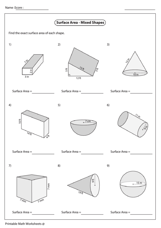 Surface Area Of Shapes Worksheet