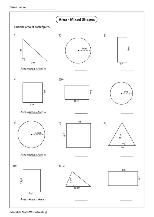 Area - Mixed Shapes Worksheet printable pdf download