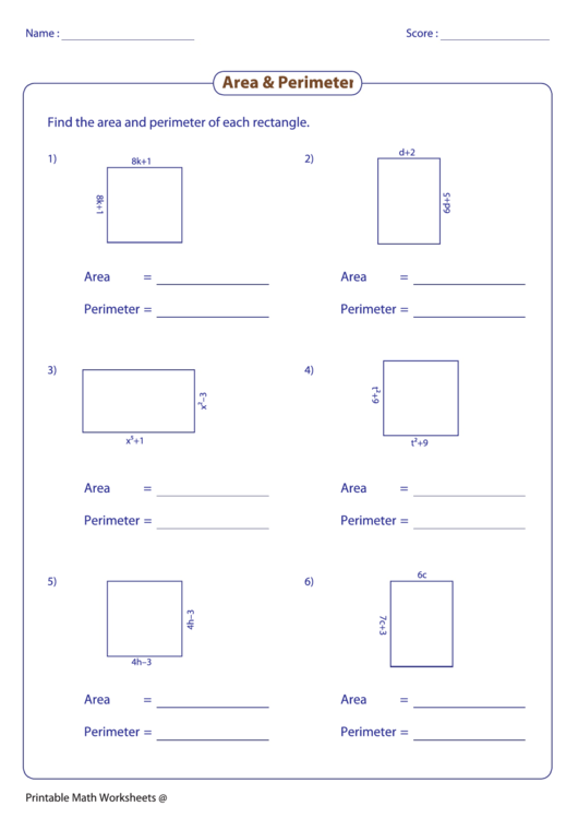 Area & Perimeter Worksheet printable pdf download