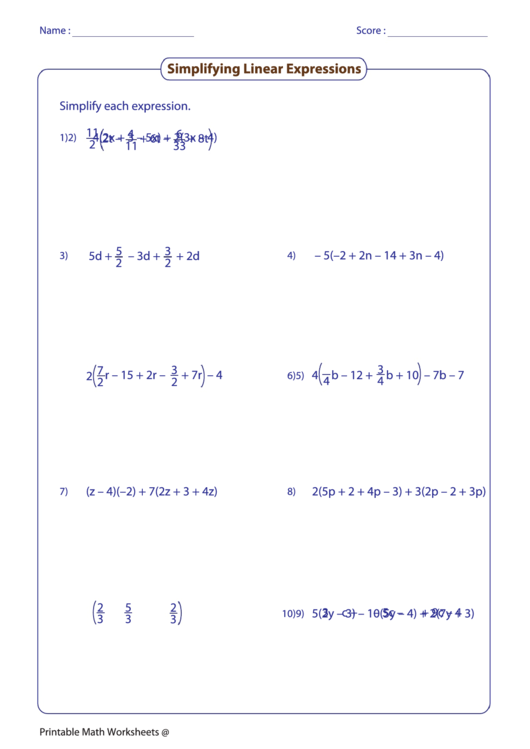 Simplifying Linear Expressions Worksheet Printable pdf