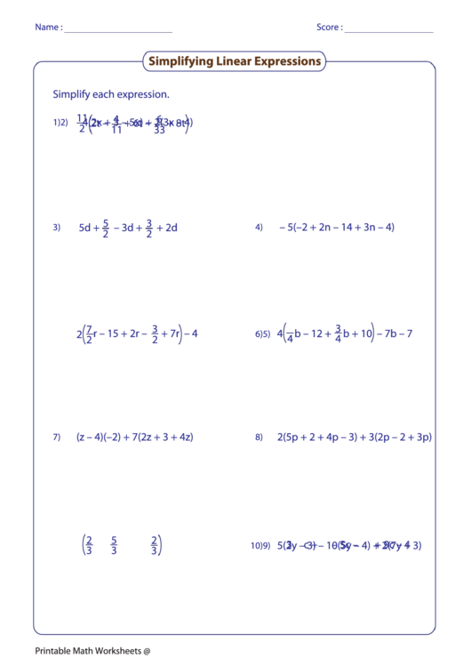 Simplifying Linear Expressions Worksheet printable pdf download