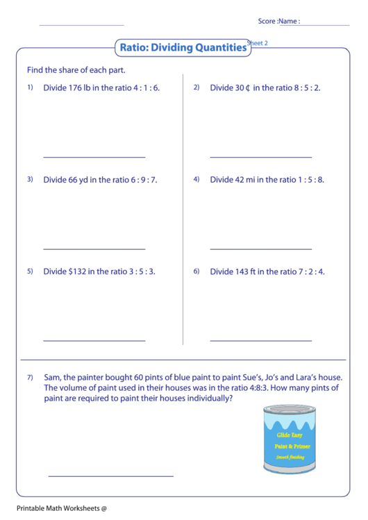 Ratio: Dividing Quantities Worksheet Printable pdf