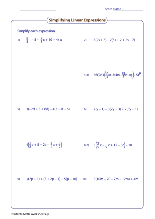 Simplifying Linear Expressions Worksheet printable pdf download