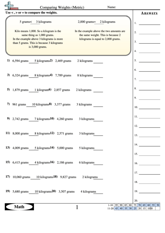 Comparing Weights Metric Printable pdf