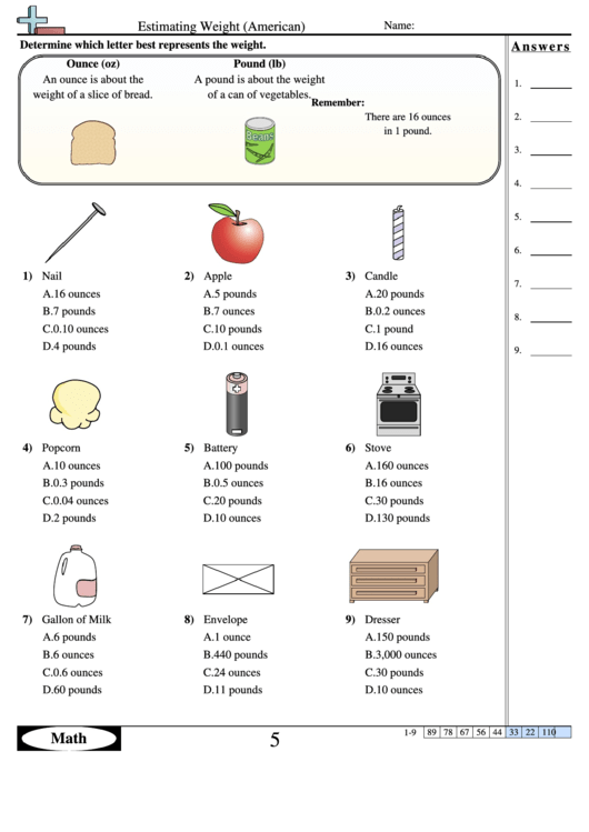 Estimating American Weight - Worksheet Printable pdf