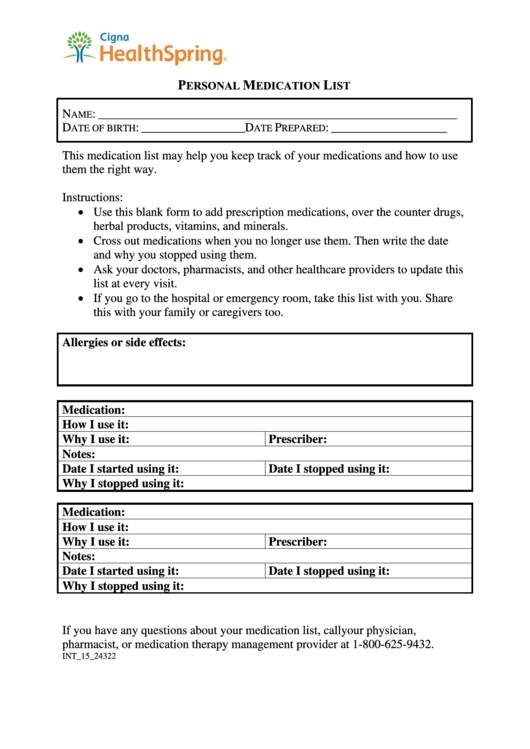 Personal Medication List Template - Cigna Printable pdf